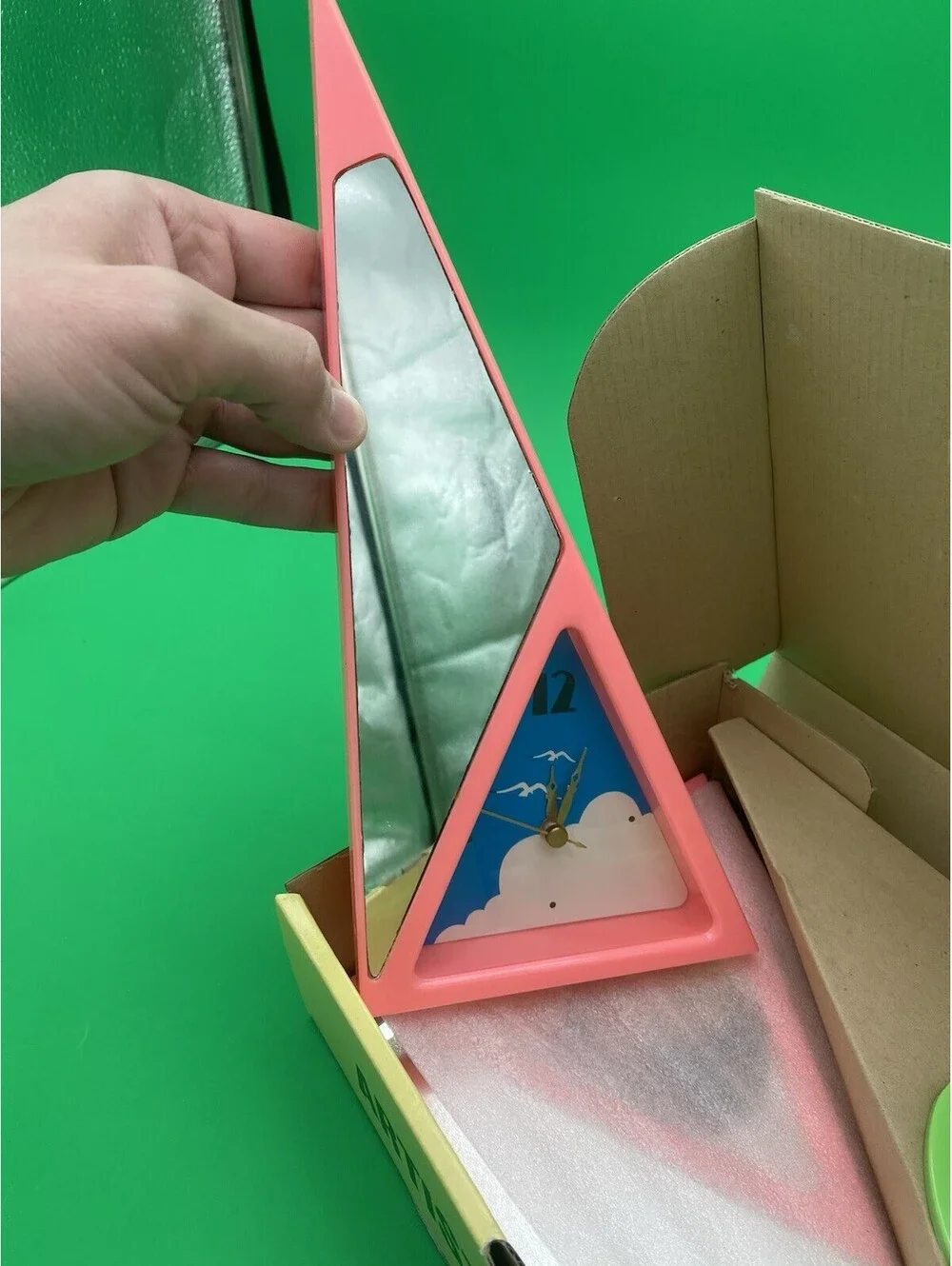 Retro 1980's Sailboat Table Clock, Photo Frame & Mirror - Green & Pink - NOS